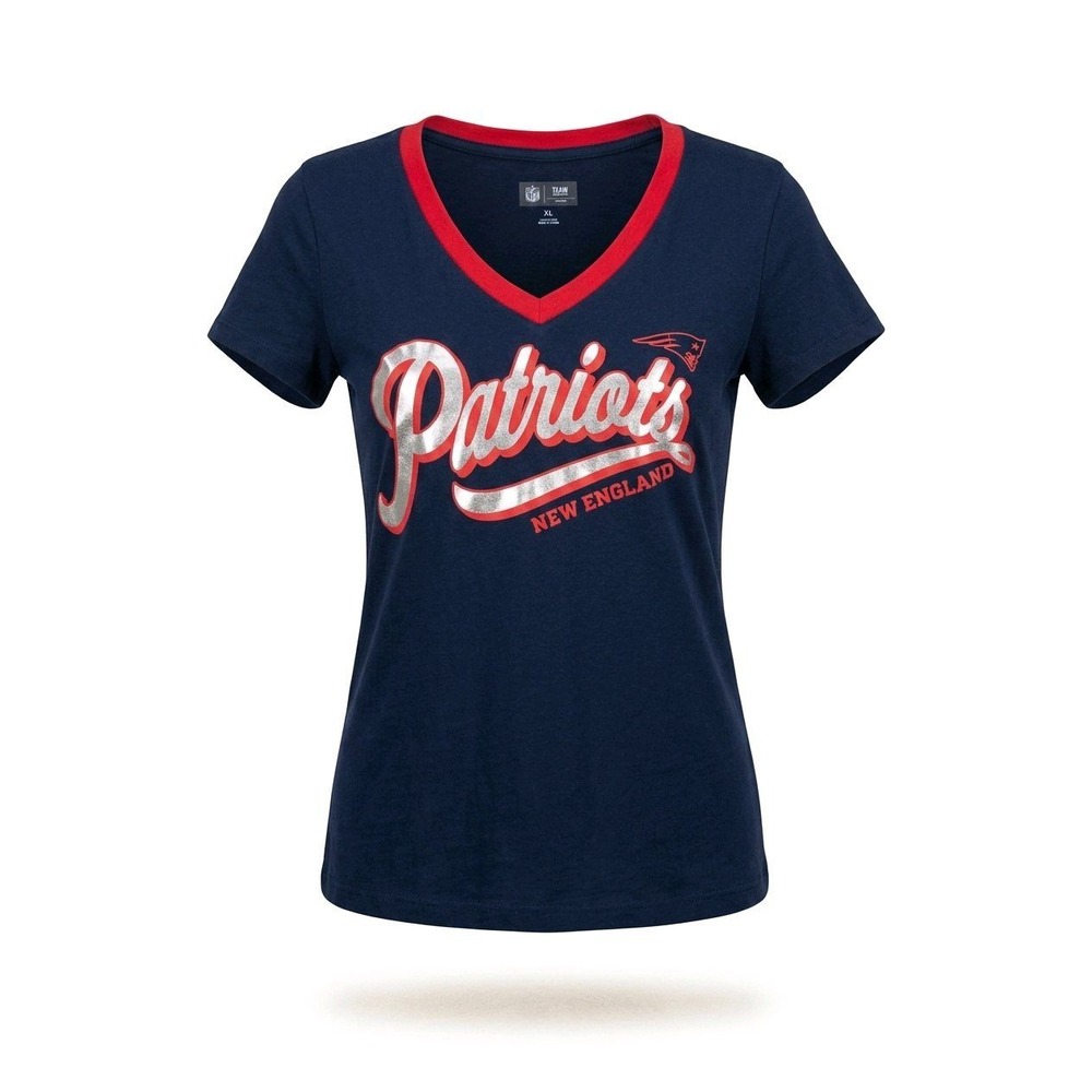 NFL Team Apparel Patriots T-Shirt Navy Blue Silver Red V-Neck Sporty XL